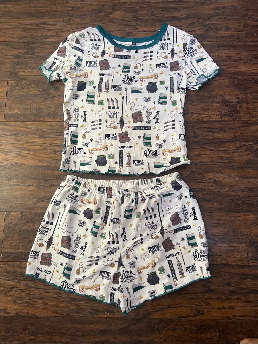 Women’s White Wizard Print Pajama Set with Teal Trim
